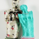 W_2006-09, Sevgililer (Yastik Kadınlar)-Lovers (Pillow Women), needled Fabrics, necklaces, 80 x 36 x 20 cm (left), 70 x 28 x 15 cm (right)